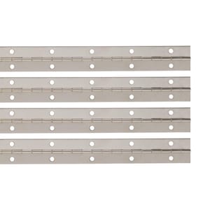 May include: Four stainless steel continuous hinges, each with multiple pre-drilled holes for mounting. The hinges are laid out horizontally against a white background, showcasing their metallic finish and design.