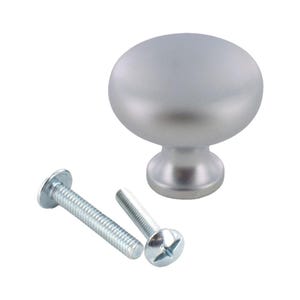 May include: A silver cabinet knob with a round, slightly domed top and a smaller, round base. The knob comes with two screws.