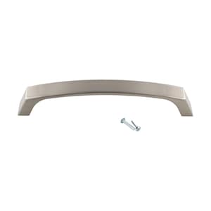 May include: A silver-toned, curved cabinet pull with a slightly rounded edge. The pull comes with two screws.