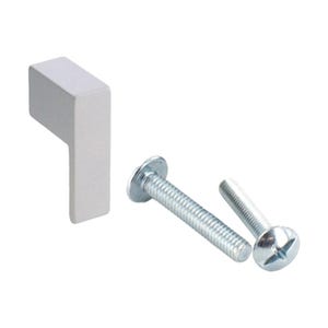 May include: A white, L-shaped cabinet knob with two silver screws.