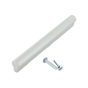May include: A silver-colored cabinet pull with rounded edges and two screws.