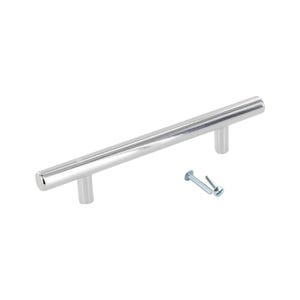 May include: A silver cabinet pull with a straight bar design and rounded ends. It comes with two screws for installation.