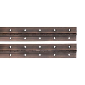 May include: Two antique bronze-colored continuous hinges. Each hinge has a series of evenly spaced holes and a central folding mechanism. The hinges are designed for a flush mount and are ideal for cabinets or doors.