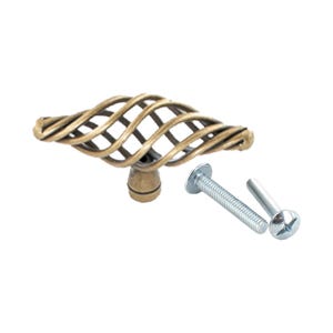 May include: Antique brass cabinet knob with a twisted wire design. The knob comes with two screws.