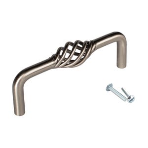 May include: A brushed nickel cabinet pull with a cage-like center design. The handle has a curved shape with a spiral detail in the middle. Two screws are included for installation. This hardware is suitable for drawers and cabinets.