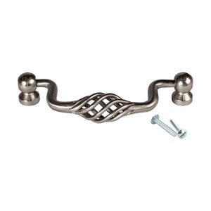 May include: Silver cabinet pull with a twisted wire design and rounded ends. The pull comes with two screws.