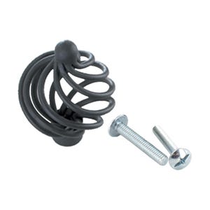 May include: Black metal cabinet knob with a spiral design. The knob comes with two silver screws.