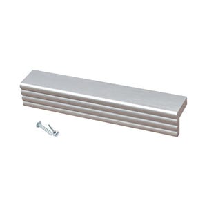 May include: A brushed nickel cabinet pull with a rectangular shape and three raised ridges. The pull comes with two screws for installation.