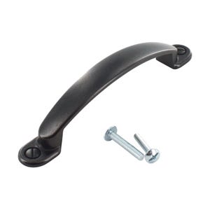 May include: Black metal cabinet pull with a curved handle and two silver screws.