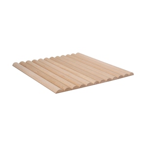 May include: A light-colored wooden dish drying rack with a slatted design. The rack is made of natural wood and has a rectangular shape. The rounded edges of the slats provide a decorative touch. The rack is designed to hold dishes and utensils.