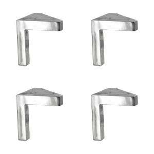 May include: Set of four silver metal furniture legs with a triangular top and a right angle bend. The legs are designed for use on furniture such as a sofa, coffee table, or bed.