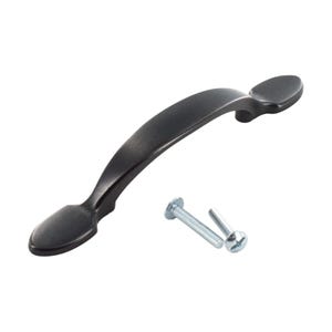 May include: Black cabinet hardware pull with a curved shape and rounded ends. The pull comes with two screws.