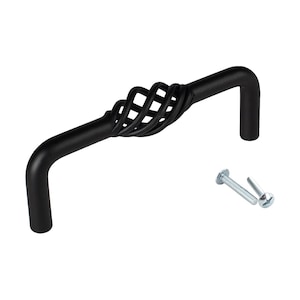 May include: Black metal cabinet door pull with a twisted wire design. The pull has a 3-inch center-to-center measurement. The pull comes with two screws.
