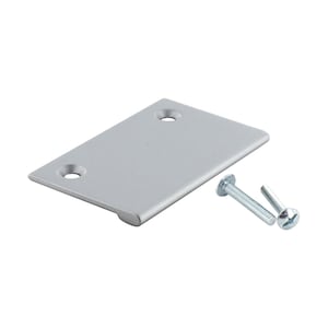 May include: A silver cabinet pull with two screw holes and a rounded edge. The pull comes with two screws.
