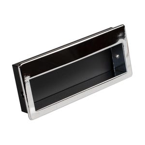 May include: A chrome-plated rectangular recessed handle with a black insert. The handle is designed for cabinets or drawers.