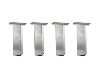 May include: Four silver metal furniture legs with a square base and a rectangular top plate.