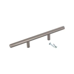 May include: A brushed nickel cabinet pull with a cylindrical shape and two mounting holes. The pull is 5 inches long and comes with two screws.