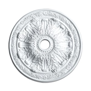 May include: A white, circular ceiling medallion with intricate floral and leaf patterns. The center features a circular opening, and the outer edge has a detailed floral border. The design is symmetrical and raised, creating a three-dimensional effect.