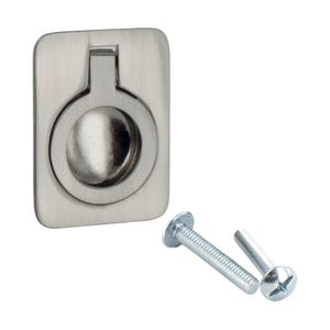 May include: A brushed nickel cabinet pull with a round recessed handle and two screws.