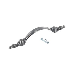 May include: A silver cabinet pull with a decorative, ornate design. The pull has a curved shape and is approximately 3 inches long.