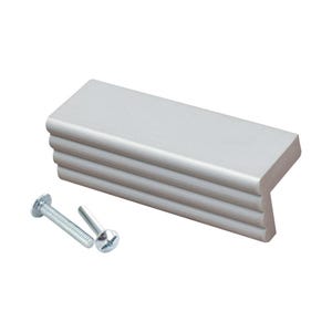 May include: Silver cabinet pull with a stepped design. The pull comes with two screws.