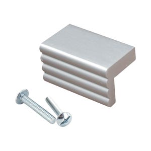 May include: Silver cabinet pull with a rectangular shape and a textured edge. The pull comes with two screws.