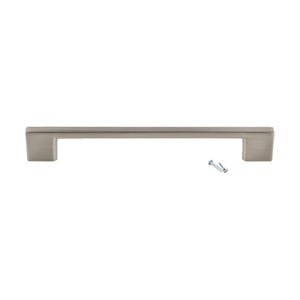 May include: A brushed nickel cabinet pull with square ends. The pull is 12 inches long and comes with two screws.