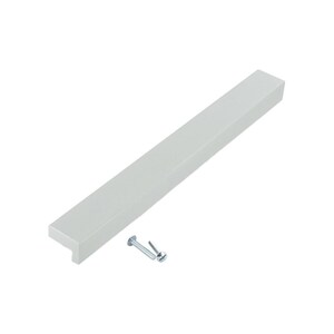 May include: A light gray cabinet pull with a rectangular design. The pull is approximately 12 inches long and includes two screws for installation. The hardware is designed for use on drawers and cabinets.