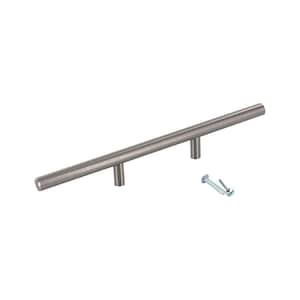 May include: A brushed nickel cabinet pull with two mounting posts and a cylindrical bar. Includes two screws for installation. The hardware is designed for use on drawers and cabinet doors.