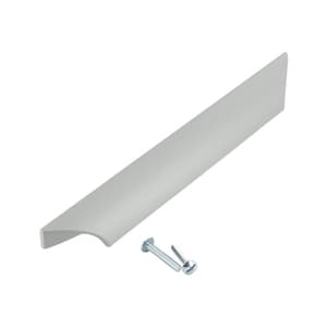 May include: A light gray cabinet pull with a curved design. The pull comes with two silver screws.