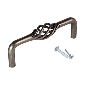 May include: Antique bronze cabinet pull with a twisted wire design. The pull is 3 inches long and comes with two screws.