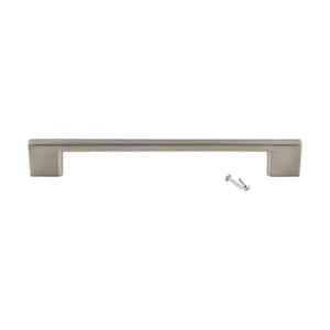 May include: A brushed nickel cabinet pull with square ends. The pull is 10 inches long and comes with two screws.