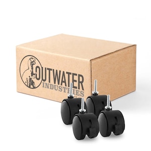 May include: Four black swivel casters with a threaded stem for mounting. The casters are packaged in a brown cardboard box with the Outwater Industries logo.