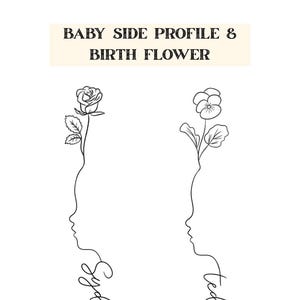 Baby Side Profile Line Art, Custom Birth Flower, Birth Flower Tattoo Stencil, Flower Stem Side Profile Tattoos, Floral Silhouette