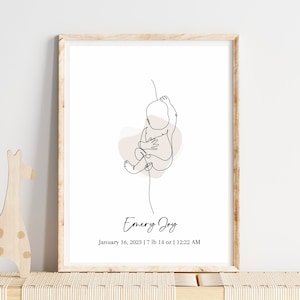 Póster de nacimiento personalizado, dibujo de línea de bebé, retrato de bebé personalizado, arte con detalles de nacimiento, regalo para baby shower, regalo para recién nacidos, arte lineal para guardería