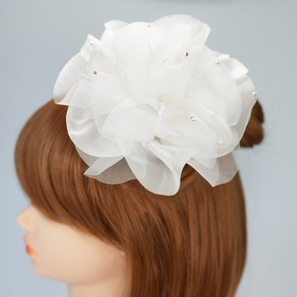 White Flower Blossom Large Corsage Headpiece Pin and Clip Set