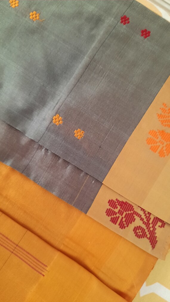 Vintage 100% Tussar Silk Saree in Gray & Yellow