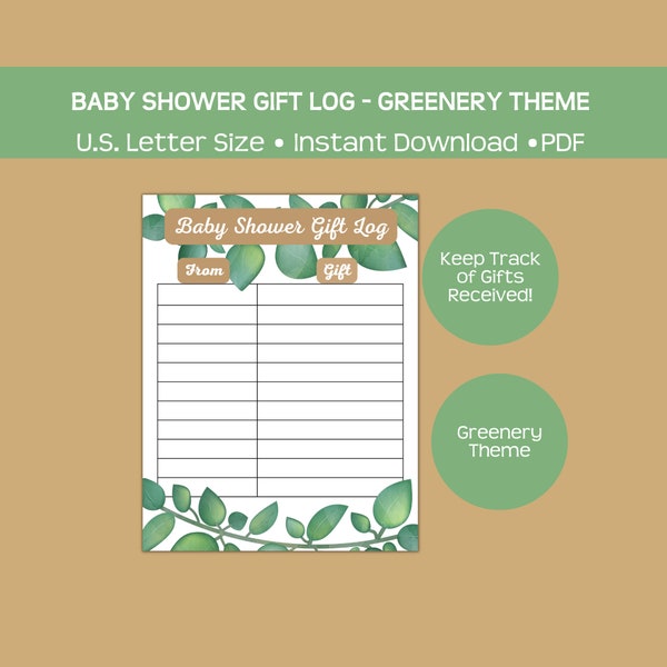 Registro stampabile dei regali per baby shower, tema verde, traccia dei regali ricevuti, download immediato del pdf