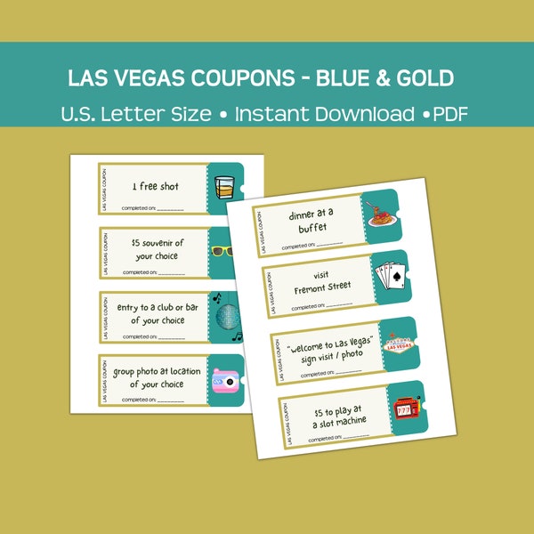 Printable Las Vegas coupons, blue and gold, fun and affordable travel gift, instant pdf download, fun for Vegas parties such as birthdays!
