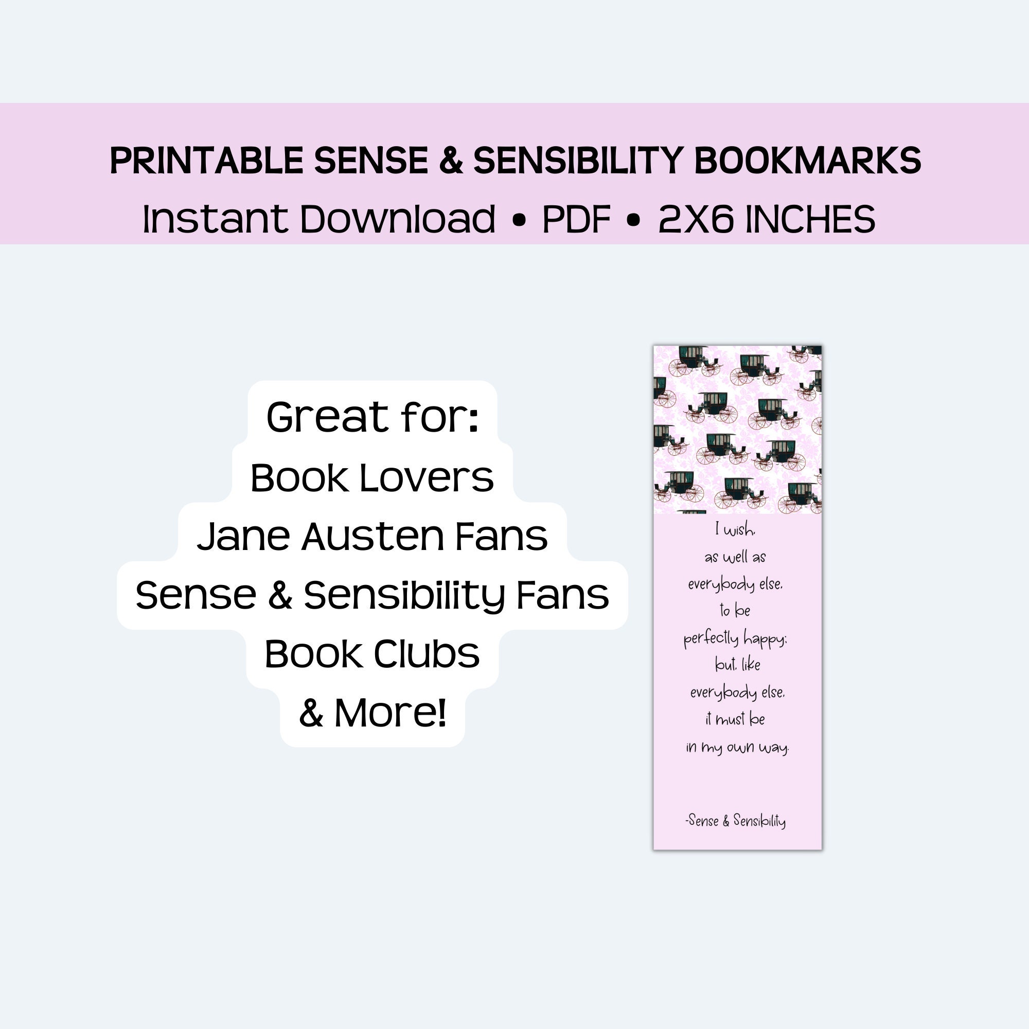 Printable Sense and Sensibility Bookmarks, Jane Austen, Gift for Book ...