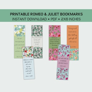 Romeo und Julia Lesezeichen, William Shakespeare, William Shakespeare Lesezeichen, sofortiger PDF-Download, Geschenk für Buchliebhaber, einfach ausdrucken, ausschneiden und verwenden!