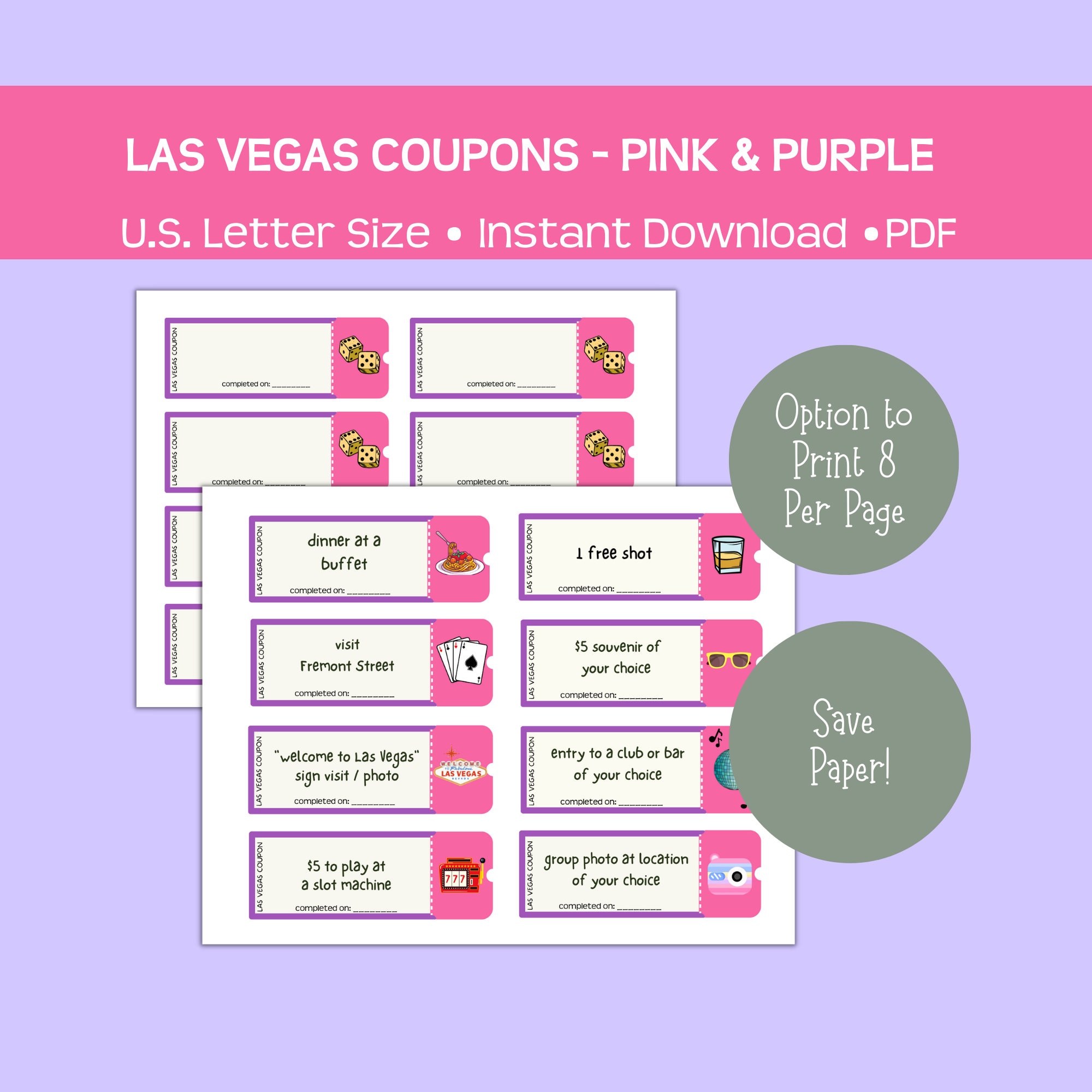 Printable Las Vegas Coupons, Pink & Purple, Fun and Affordable Gift ...