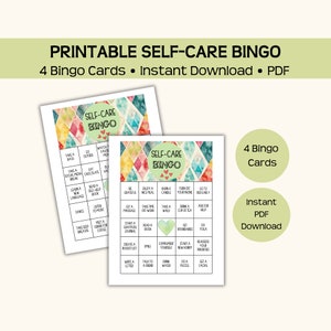Juego de bingo de autocuidado imprimible, cuatro cartones de bingo, descarga en pdf, juegue con otros o individualmente, disfrute, bienestar asequible