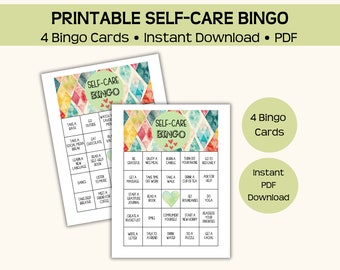 Self-Care bingo printable game, 4 bingo cards, wellness game, mental health and mindfulness, calming, restorative, instant PDF download