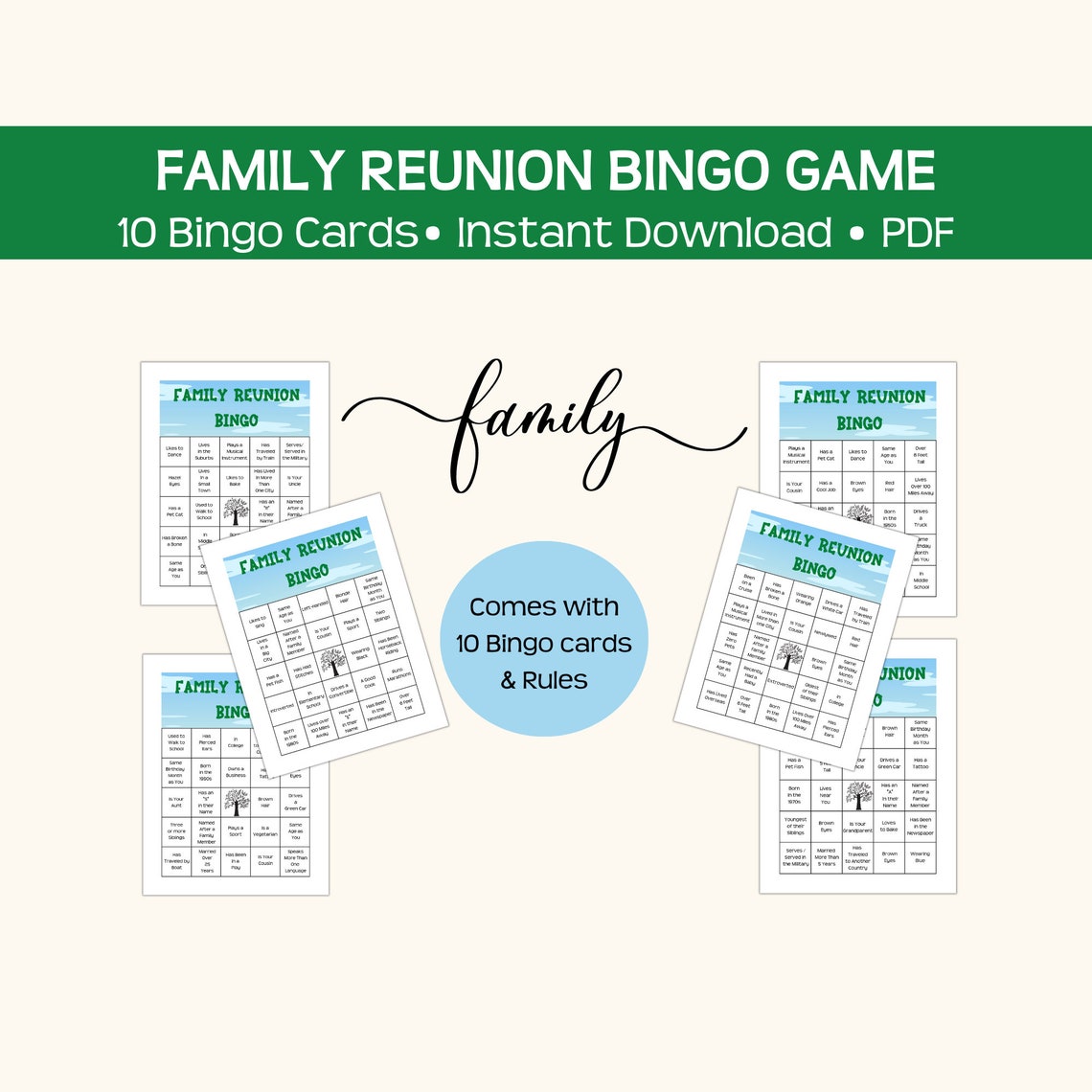Family Reunion Bingo Game, 10 Printable Bingo Cards, Instant Pdf