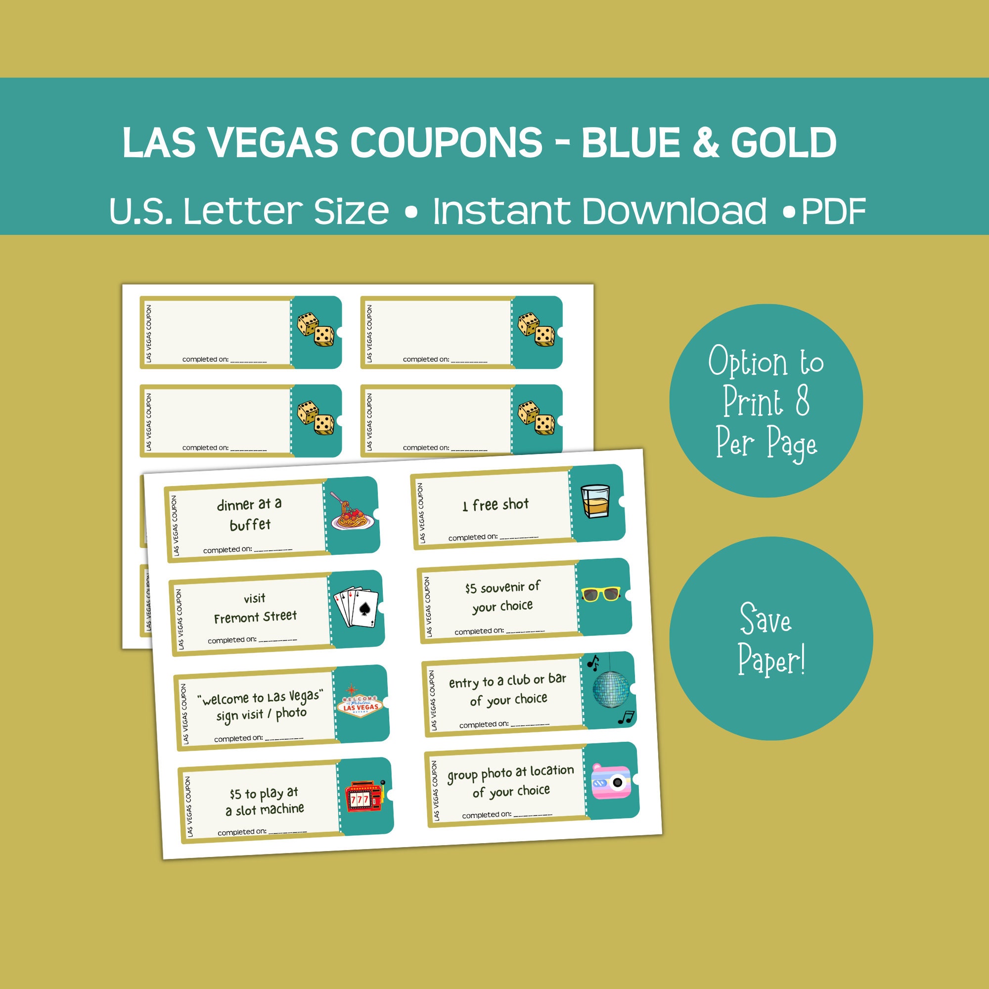 Printable Las Vegas Coupons Blue and Gold Fun and Affordable - Etsy Denmark