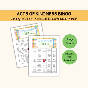 Gute Taten, Bingo Spiel, 4 Bingo Karten zum Ausdrucken, gute Taten, bezahlbar und machen Spaß, Kinder und Erwachsene, sofortiger Pdf Download
