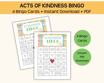 Acts of Kindness bingo printable game, 4 bingo cards, good deeds, pay it forward, affordable and fun, kids and adults, heartfelt challenges