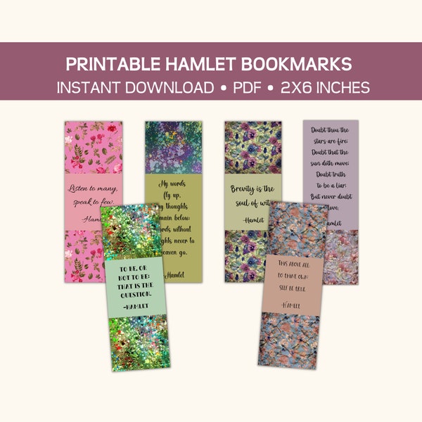 Printable Hamlet bookmarks, William Shakespeare, gift for book lovers and fans of classic literature, instant pdf download