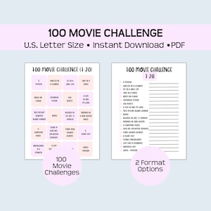 100 Movie Challenge, Printable movie challenge game, film tracker log, film buff game for movie nights, movie watching ideas, cinema lovers